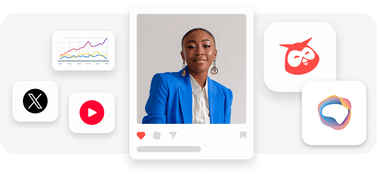 Professional wearing bright blue blazer and white shirt, with various business app icons and analytics graphs floating in background