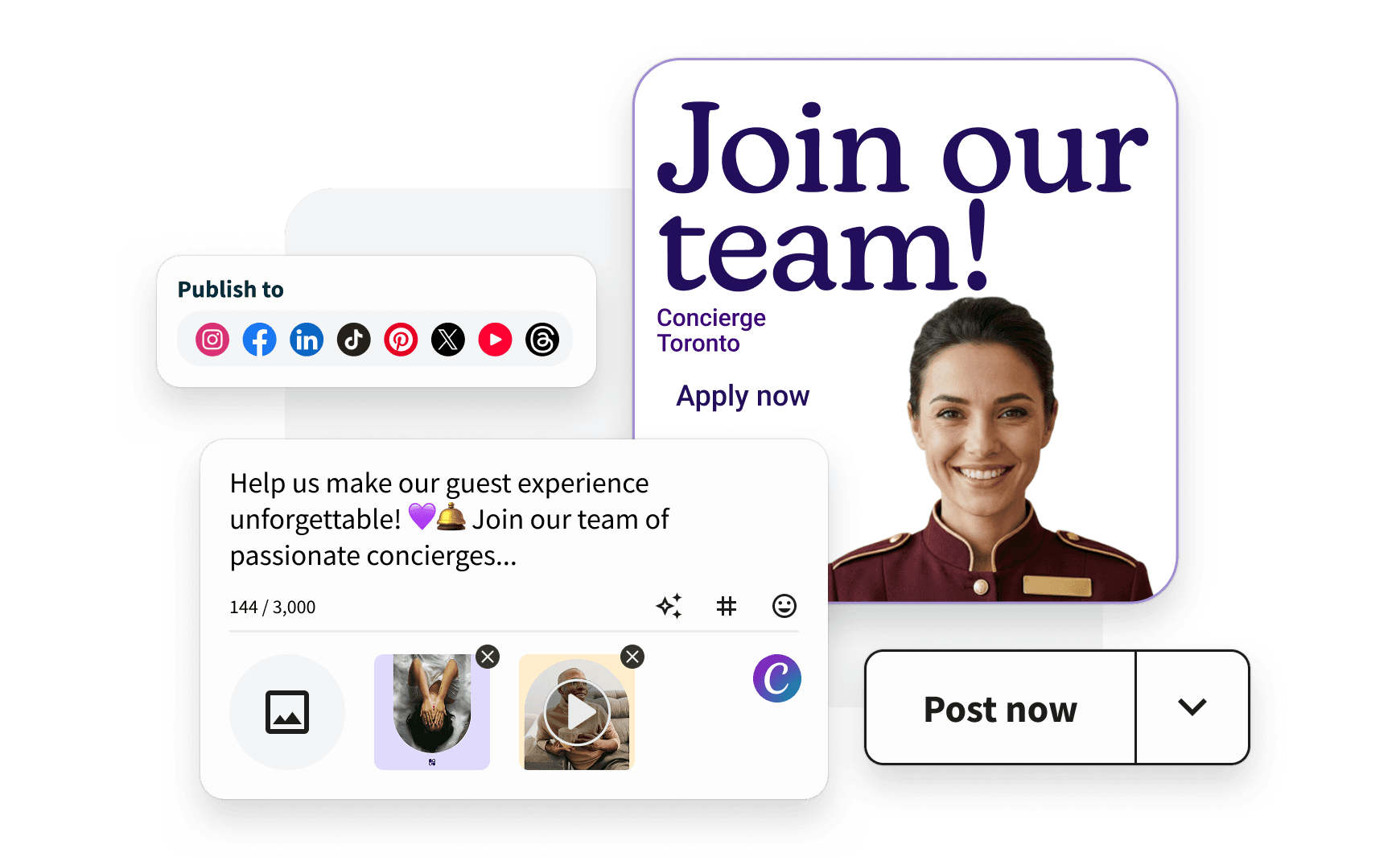 Social media job posting interface showing "Join our team" concierge position in Toronto with social sharing options and content composer