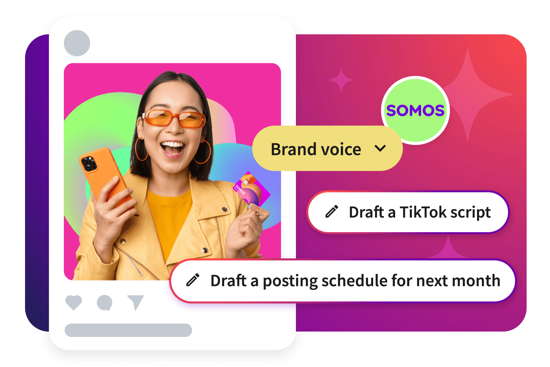 Social media content creator in yellow jacket and orange glasses holding phone and card, with brand voice menu and TikTok options visible