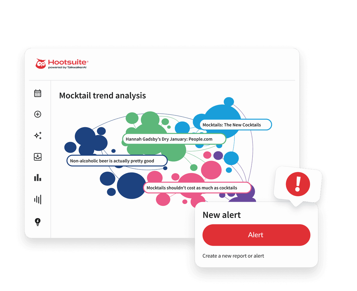 Hootsuite dashboard showing a mocktail trend analysis bubble chart with colorful clusters and a red new alert notification popup.